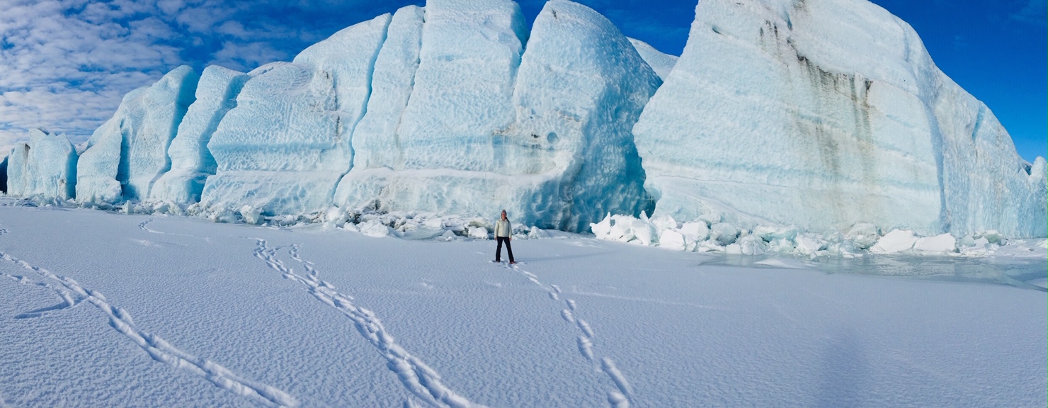 Person standing in front of large glacier on a sunny day